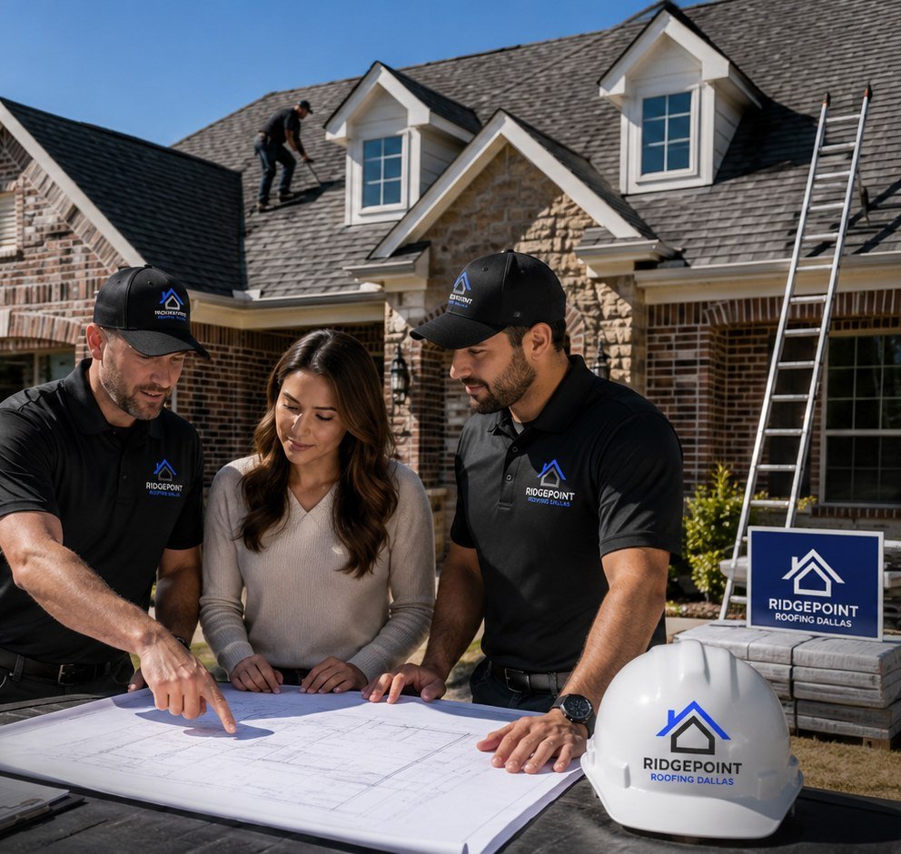 James Wilson and the RidgePoint Roofing Dallas crew reviewing roof plans with a homeowner in front of a brick home in Oak Cliff, with a roofer working on the roof and the branded service truck in the driveway